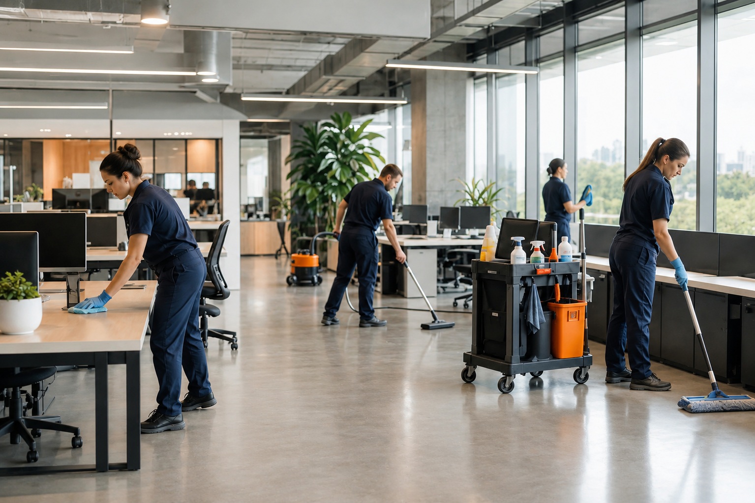 Cleaning crew working together in a commercial office