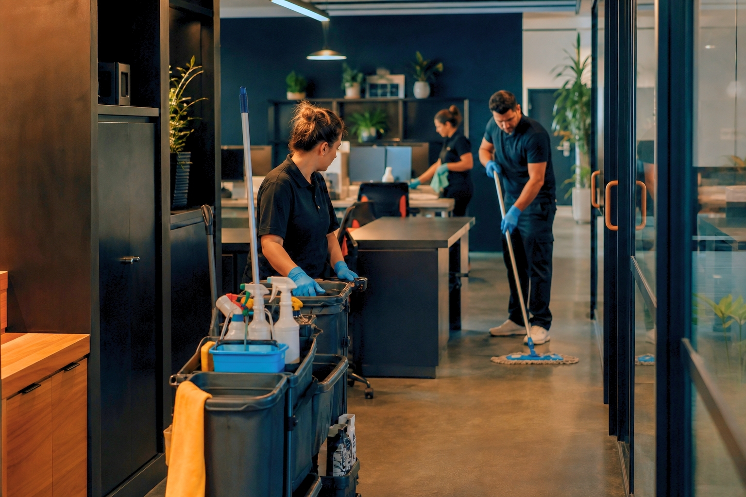 Cleaning crew working in an office