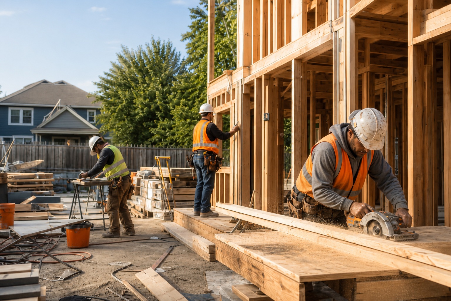 Construction crew framing a residential build on a job site