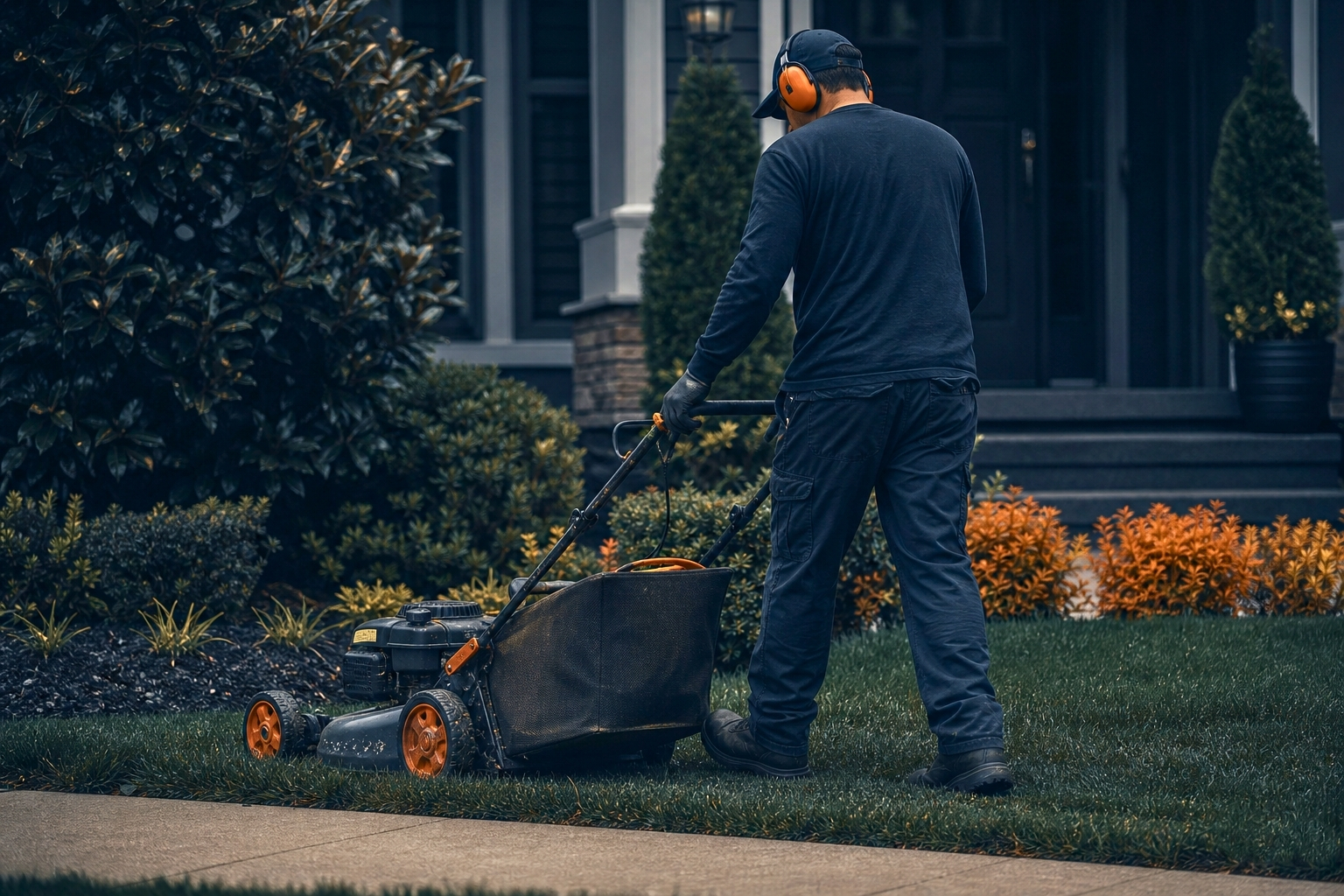 Landscaper mowing a lawn outside a home