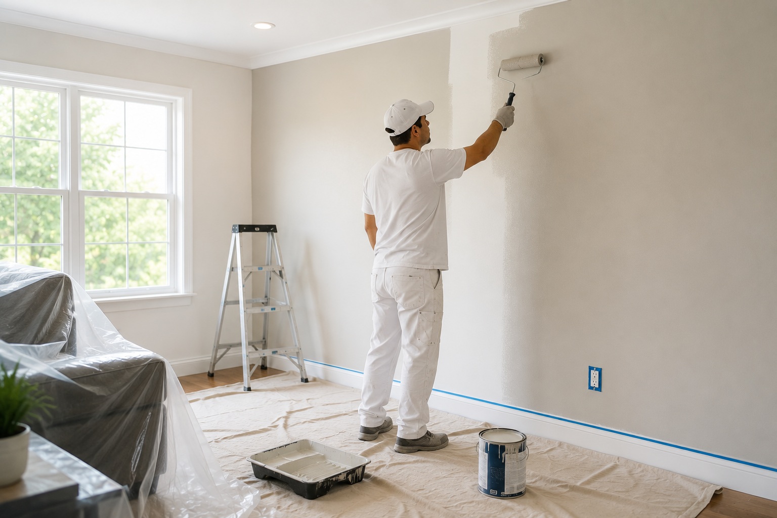 Painting crew rolling and cutting in fresh paint on interior walls