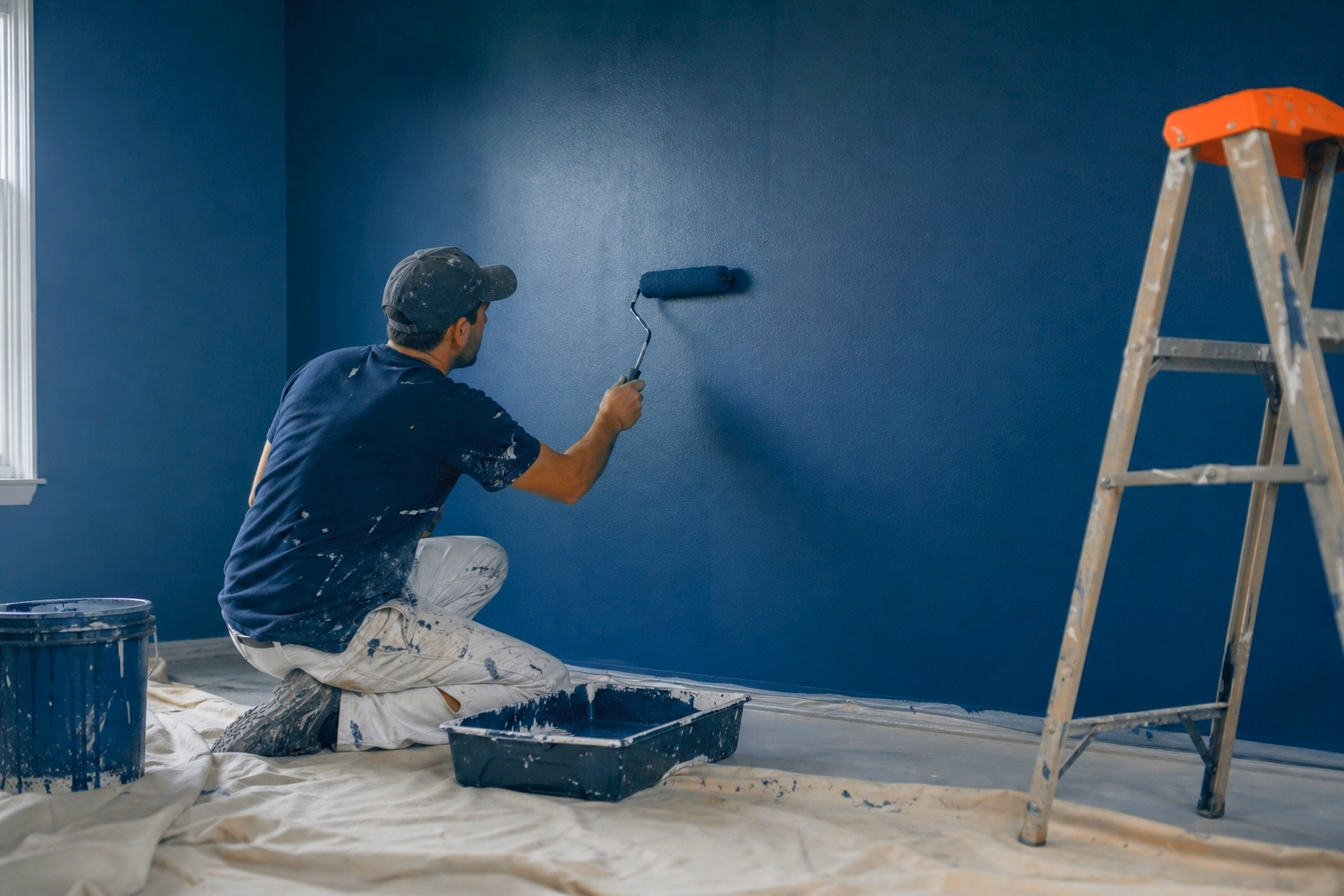 Painter using a roller on an interior wall
