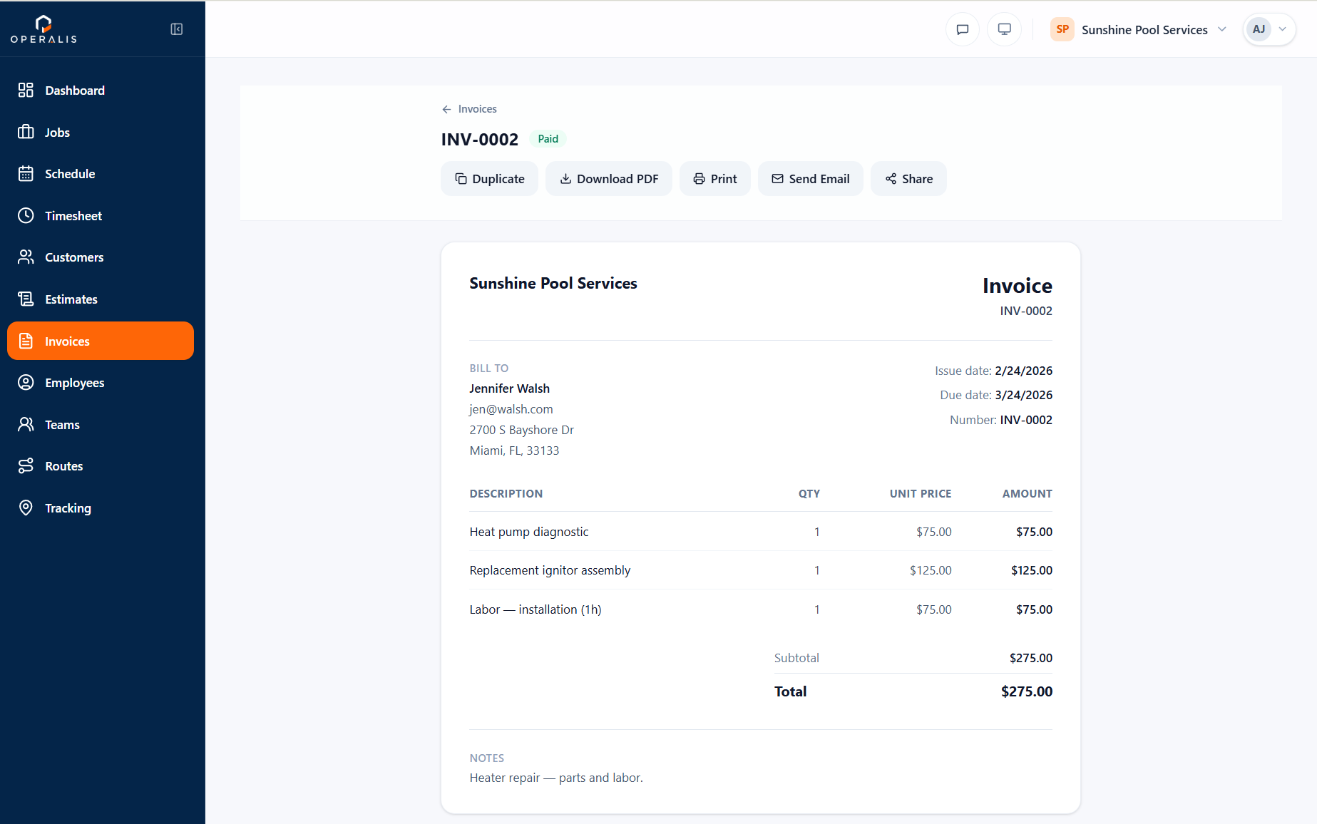 Operalis invoice with line items and payment status